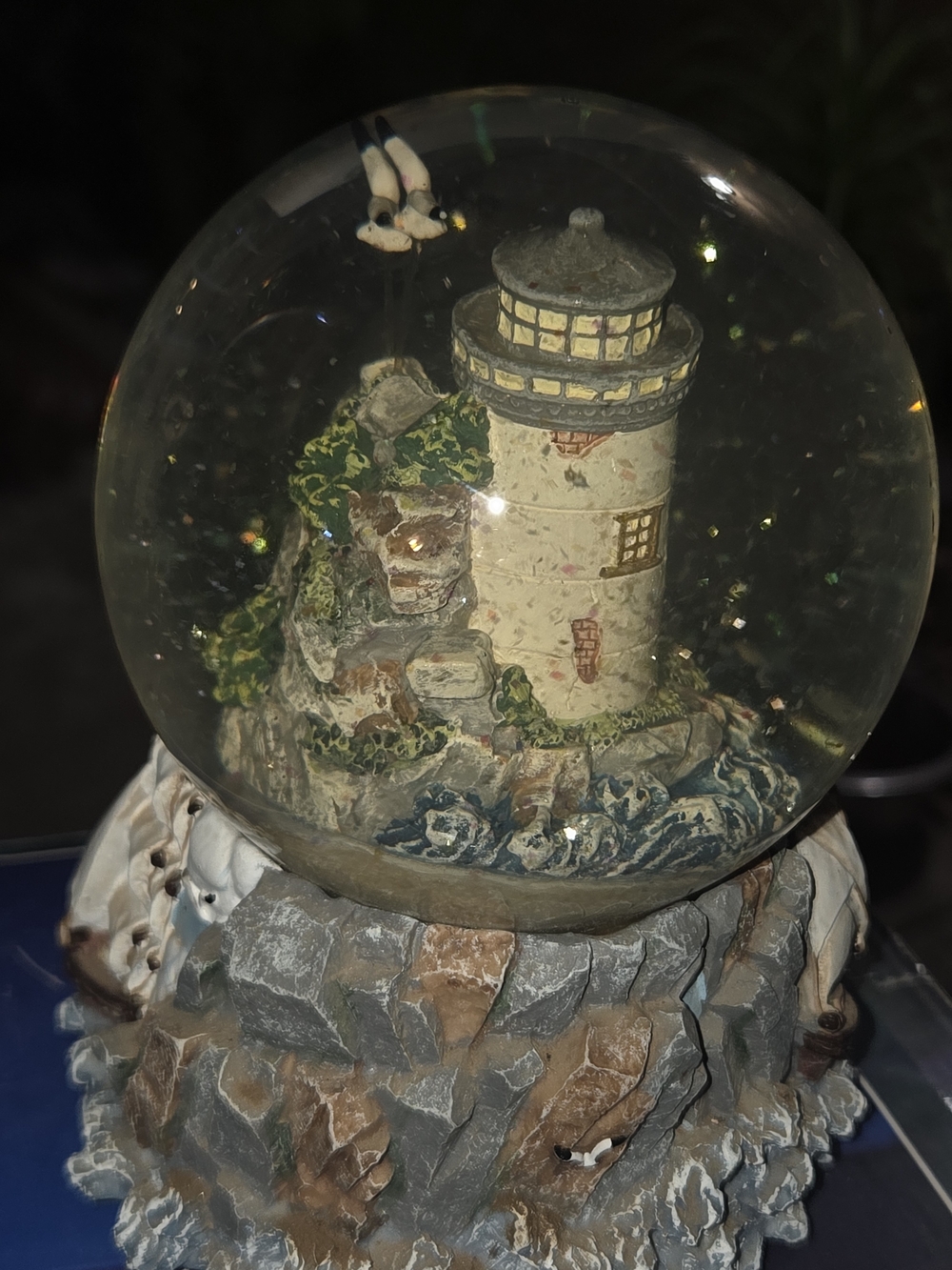 Lighthouse Snow Globe Home Art - Cream & Blue Decorative Globe